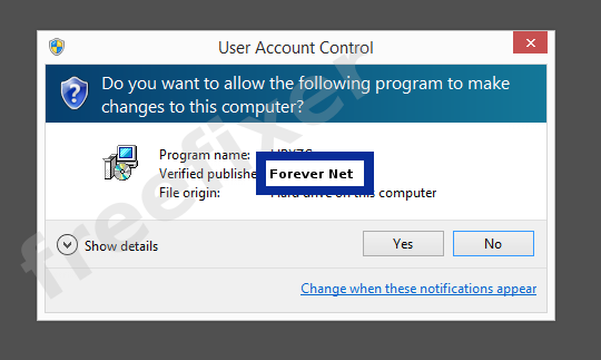 Screenshot where Forever Net appears as the verified publisher in the UAC dialog